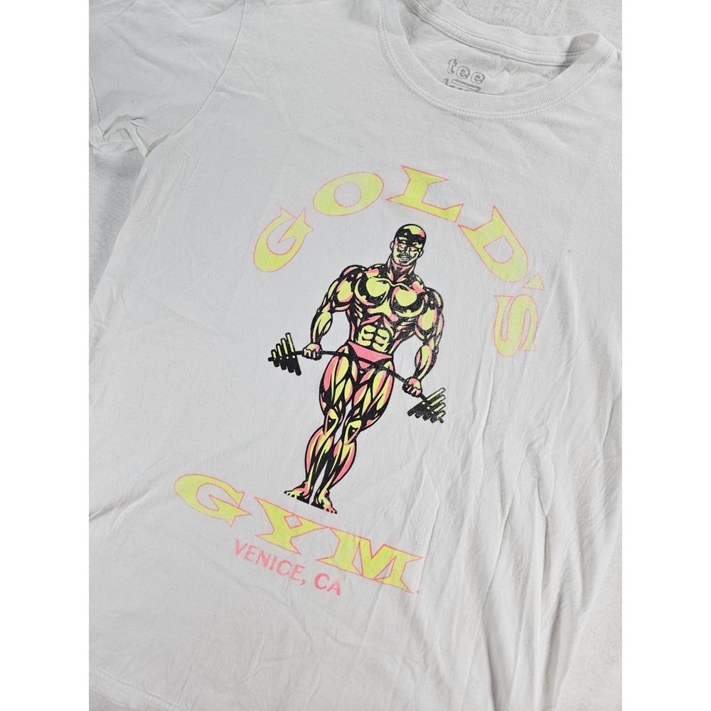 Vintage Gold's Gym Venice CA T Shirt Men's M White Neon Muscle Joe Bodybuilding